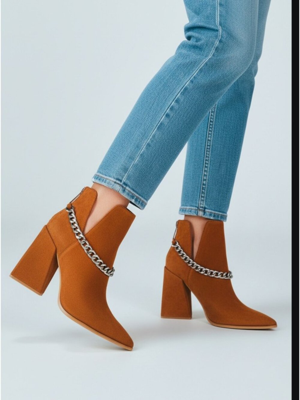 Tan Faux Suede Pointed Toe Ankle Boots With Chain Accent & Zipper Closure